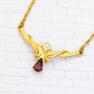 18 inch, Vintage Purple Teardrop Gold Tone Abstract Necklace - V26